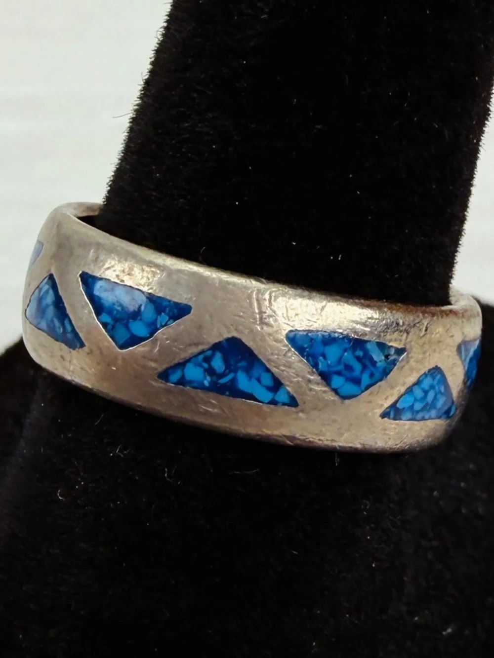 Vintage Blue Mosaic Inlay Style Wide Band Ring Size 6.5 Silver Tone
